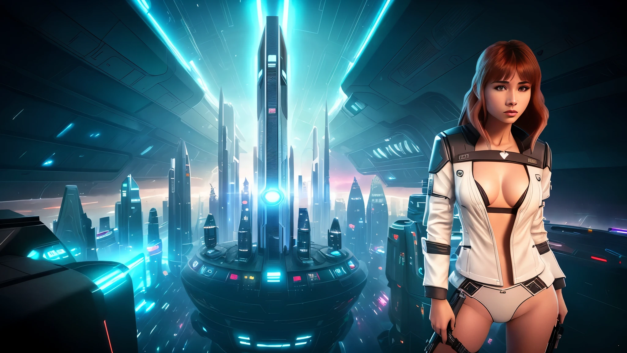 Aerial view of a futuristic city, futuristic train and buildings at dark night, future concept art, fantastic sci-fi city, utopian cities, 8k, spaceport of the future, sci-fi hollywood concept art. (((((1girl, solo, alone))))), large-breast:1.1 slim:0.6 body, cleavage:1.1, slim:0.8 face, pubic hair, sexy black lingerie with jacket, (black sunglasses), (((holding a pistol))), dynamic pose, (((half-body thigh level medium shot))), cinematic lighting, lens flare, ray tracing.