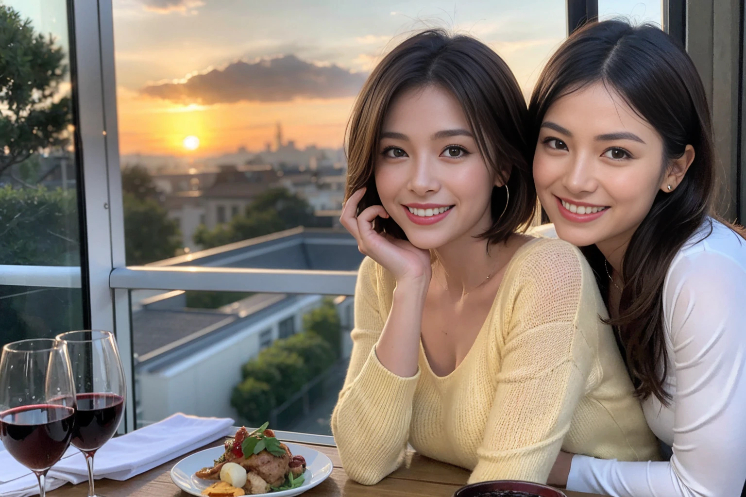 (Realistic:1.1),(masterpiece,Highest quality),8k,(40 years old), 44 years old, slimカップル、Model Couple、actress/actor、Tight waist,Upper Body,full-course dinner、wine 、Amazing view of the sunset sky and clouds、Perfect Anatomy, Brown Hair, short hair,Random Hairstyles,((Highly detailed face and eyes:1.2))(cute顔:1.4),美しいactressの顔,Perfect golden ratio face,Long sleeve shirt、dress,(smile:1.2)、Shortcuts、cute、(Realistic, Intricate details:1.2), A bright smile、short hair,Bright Face、赤wine 、Appetizers、Italian food、wine bottle、Champagne、スパークリングwine、(slimな顔), (The body is slim), (Brown Hair), (Shortcuts), Upper Body, 白wine, slim, wineグラス,
