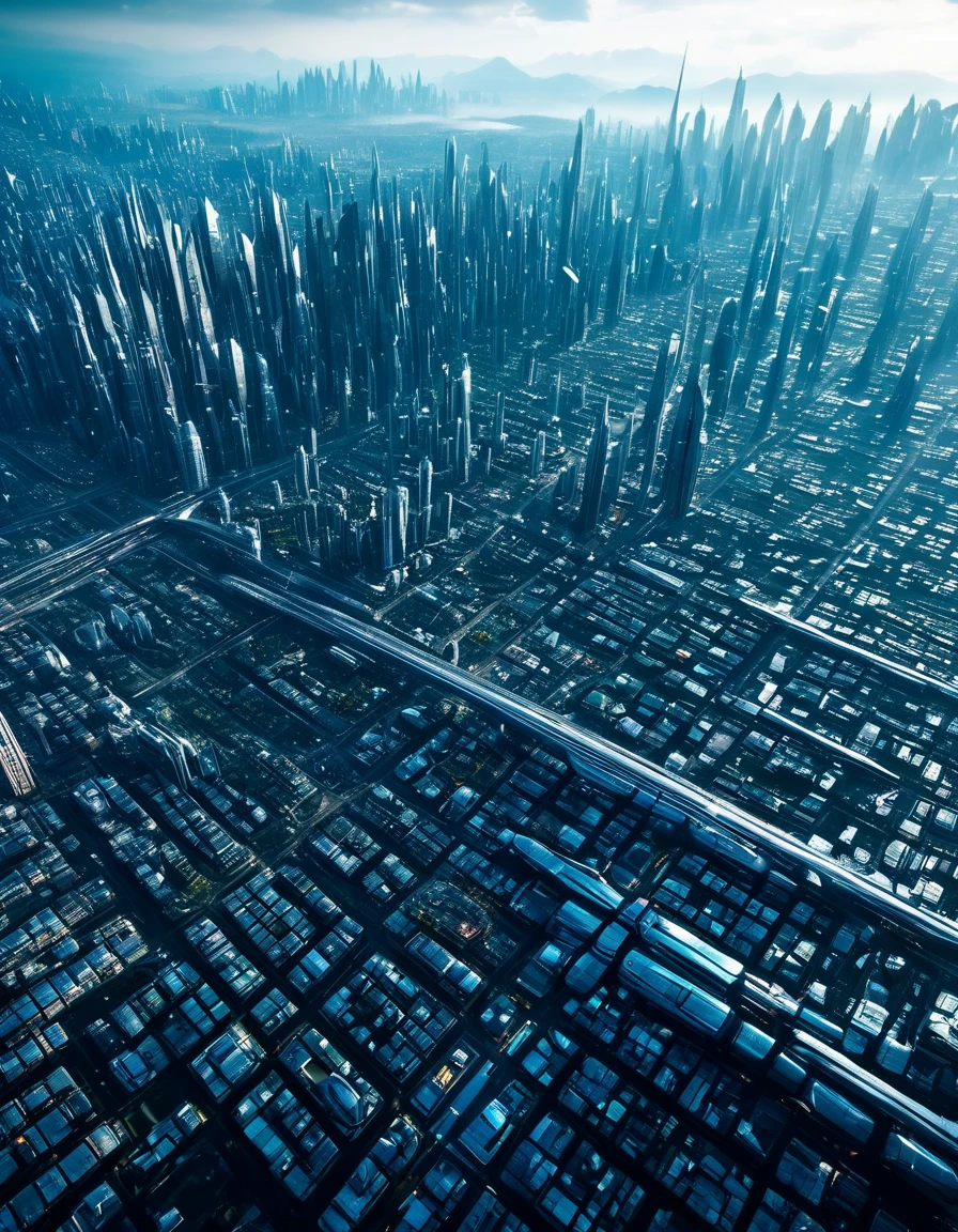 （high quality） A large futuristic city spreads out, Aerial view, spectacular scenery