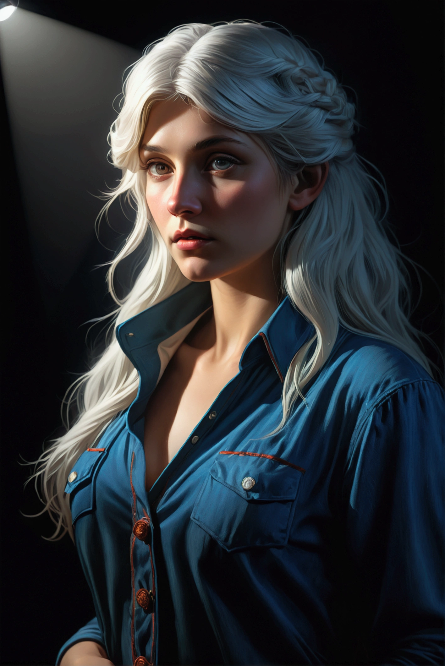 (front focus),(in the dark:1.6), Hyperrealist portrait of female by david hockney and alphonse mucha,fantasy art, photo realistic, dynamic lighting, artstation, poster, volumetric lighting, very detailed faces, 4 k, award winning,, 1girl, in the dark, deep shadow, low key,cowboy shot,(official clothing:1.4) ,long hair,white hair,