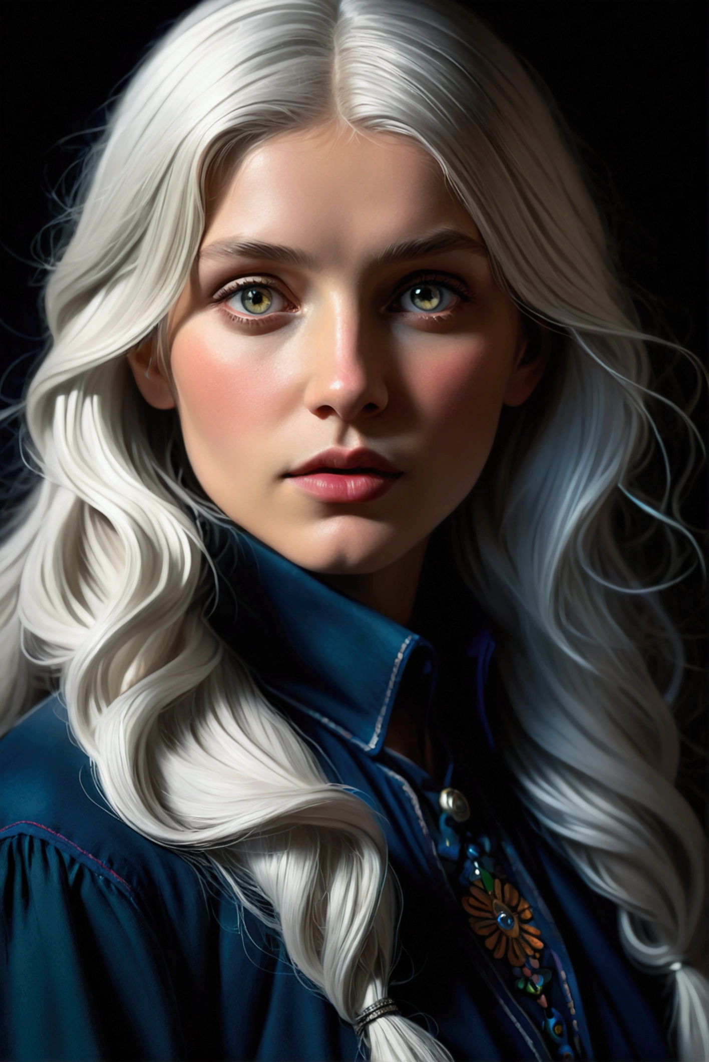 (front focus),(in the dark:1.6), Hyperrealist portrait of female by david hockney and alphonse mucha,fantasy art, photo realistic, dynamic lighting, artstation, poster, volumetric lighting, very detailed faces, 4 k, award winning,, 1girl, in the dark, deep shadow, low key,cowboy shot,(official clothing:1.4) ,long hair,white hair,