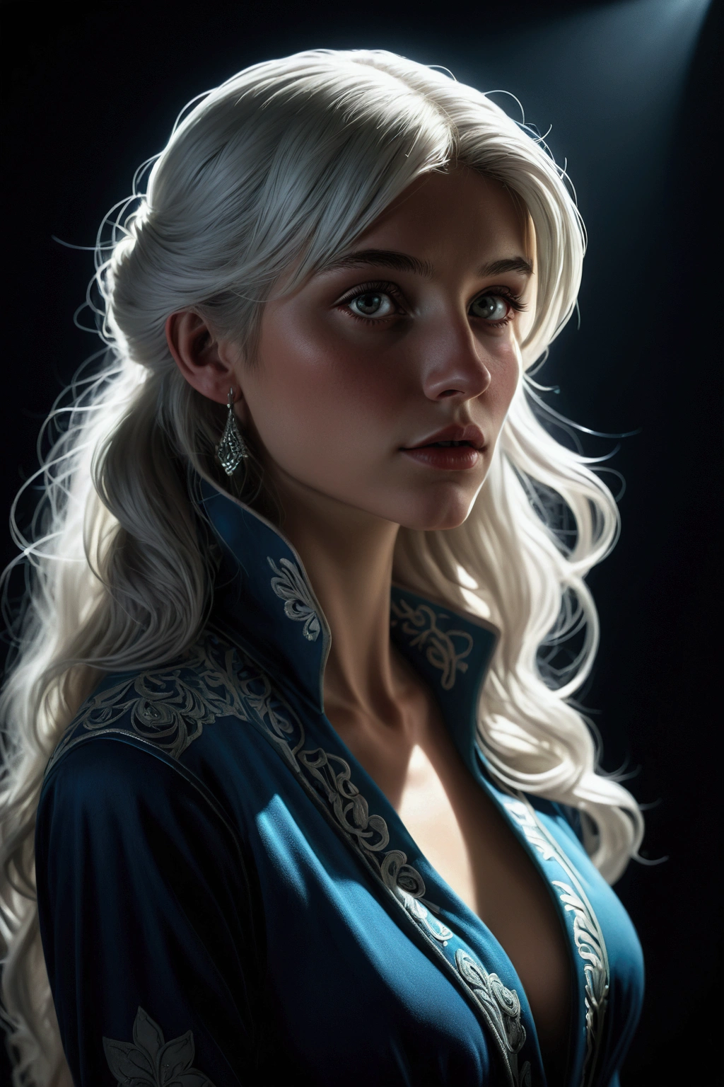 score_9, score_8_up,score_7_up, score_6_up, score_5_up, score_4_up, woman, best quality, highres, portrait, solo, beautiful, makeup, soft lips, daenerys ((bored)), large cleavage,  beautiful dragon dress, (((simple lightning)))