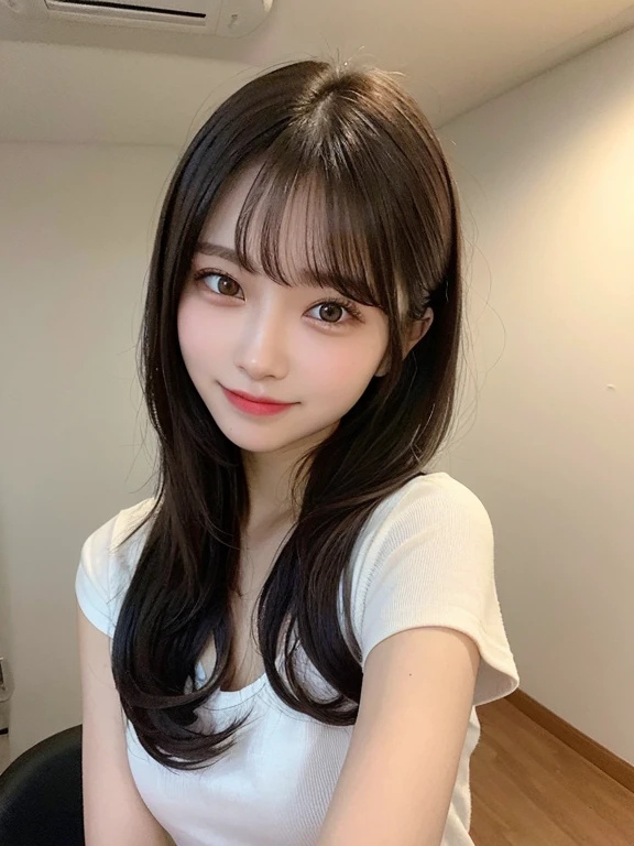 (masterpiece:1.3), (8k, Photorealistic, RAW Photos, Best image quality: 1.4), 20-year-old girl、(Random Hairstyles:1.2)、Super detailed face、Attention to detail、double eyelid、Sharp focus:1.2、Beautiful woman:1.4、Light brown hair、Highest quality、masterpiece、Ultra-high resolution、(Photorealistic:1.4)、Highly detailed and professional lighting、Brown nits、thin、smile、Black long hair、Deadly position、Clear Skin、Random pose、Shiny Hair、Sculpture model pose、
