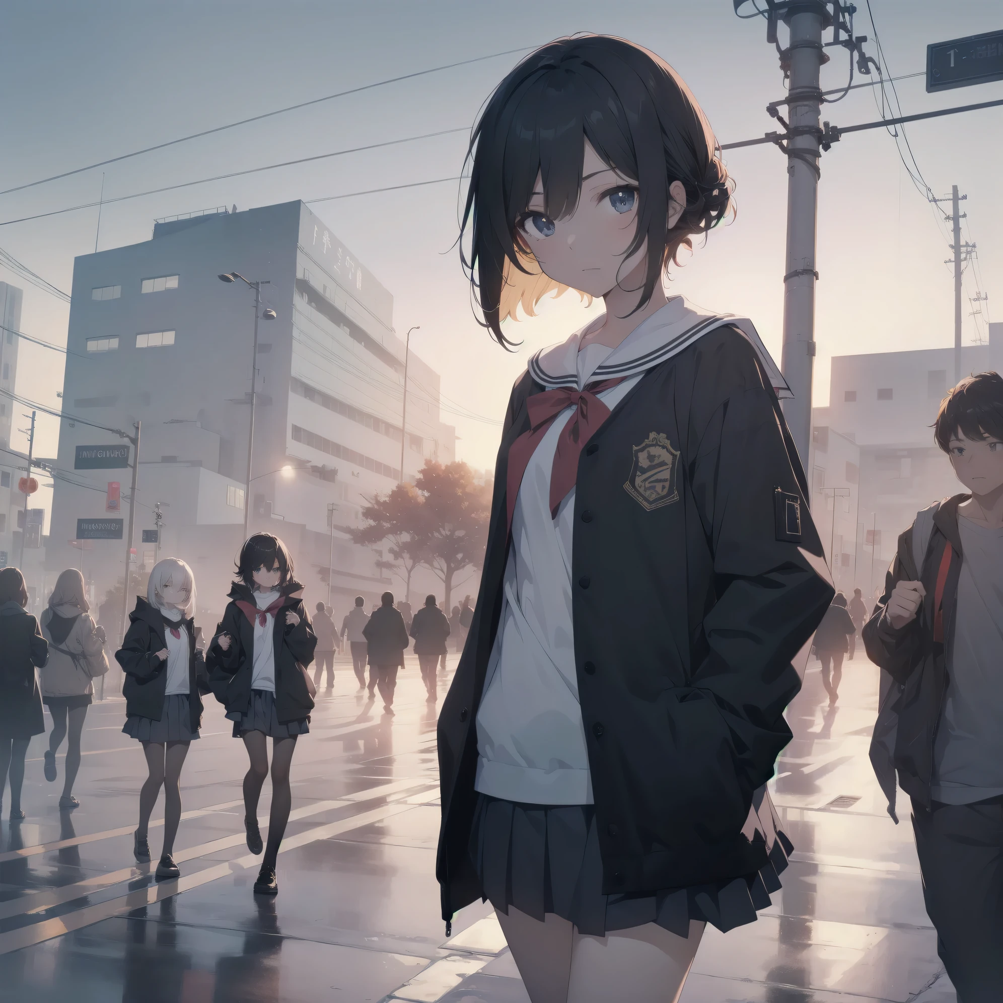 ultra-absurdres-Top quality by artist God, ultra-detailed, high resolution, anime moe artstyle, best anime 8k konachan wallpaper, pixiv contest winner, pool:2810, perfect anatomy,break, 1girl, (Please draw a girl walking sleepily to school alone. )break,(Solo,little female, 13-year-old:1.3),Full limbs, complete fingers,a junior high school student, (very short hair), short cut, flat chest, , small butt, small black eyes, beautiful detailed eyes, well-proportioned iris and pupils, expressive eyes, highres detailed hair, soft expression, salor school_uniform, sailor collar, serahuku, bow, pleated skirt,(Detailed Lighting), (Detailed background), in the School commute route. break,super detailed skin, Best cinematic lighting powered by famous artist, 8k,beauty illustration,photoshop_(medium),very aesthetic,break,((artist:zen_(kamuro) )), artist:clamp ,artist:carnelian ,artist:kantoku ,
