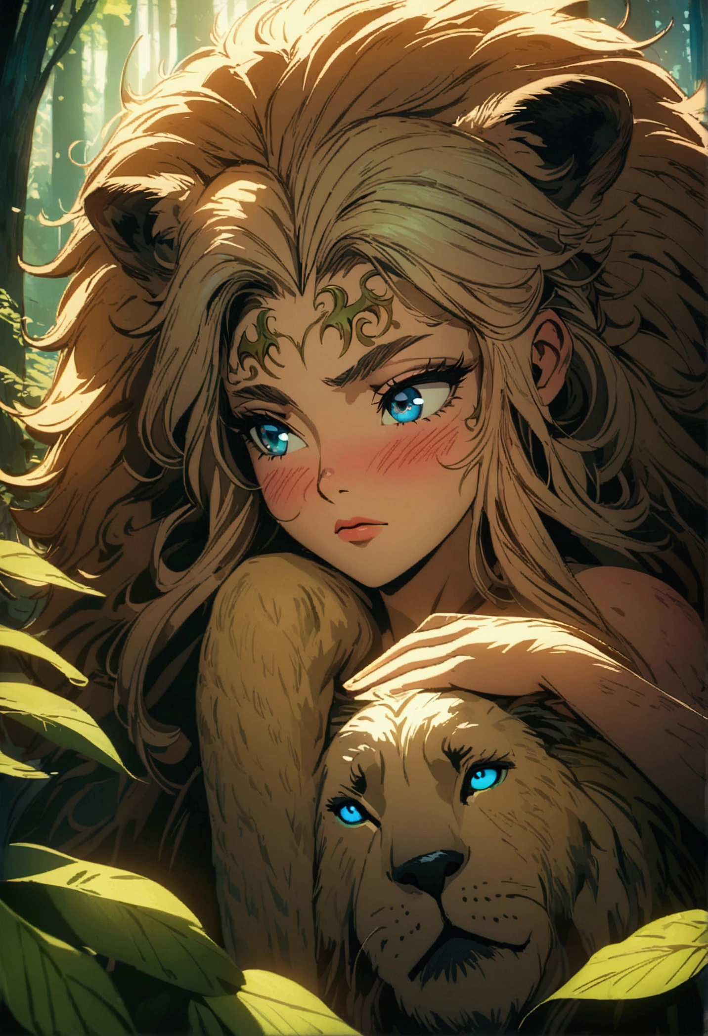A crouching girl with a blushing expression, a large lion comforting her, intricate detailed face, beautiful eyes, long eyelashes, delicate features, detailed skin texture, ornate background, lush forest, sunlight filtering through leaves, cinematic lighting, vibrant colors, fantasy art style, highly detailed, 8k, style anime, masterpiece