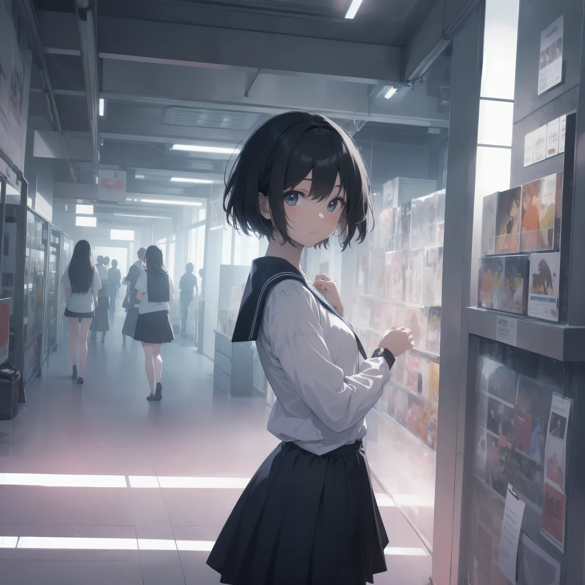 ultra-absurdres-Top quality by artist God, ultra-detailed, high resolution, anime moe artstyle, best anime 8k konachan wallpaper, pixiv contest winner, pool:2810, perfect ???????,break, 1girl, (Please draw a girl walking sleepily to school alone. )break,(Solo,little female, 13-year-old:1.3),Full limbs, complete fingers,a junior high school student, (very short hair), short cut, flat chest, , small butt, small black eyes, beautiful detailed eyes, well-proportioned iris and pupils, expressive eyes, highres detailed hair, soft expression, salor school_uniform, sailor collar, serahuku, bow, pleated skirt,(Detailed Lighting), (Detailed background), in the School commute route. break,super detailed skin, Best cinematic lighting powered by famous artist, 8k,beauty illustration,photoshop_(medium),very aesthetic,break,((artist:zen_(kamuro) )), artist:clamp ,artist:carnelian ,artist:kantoku ,