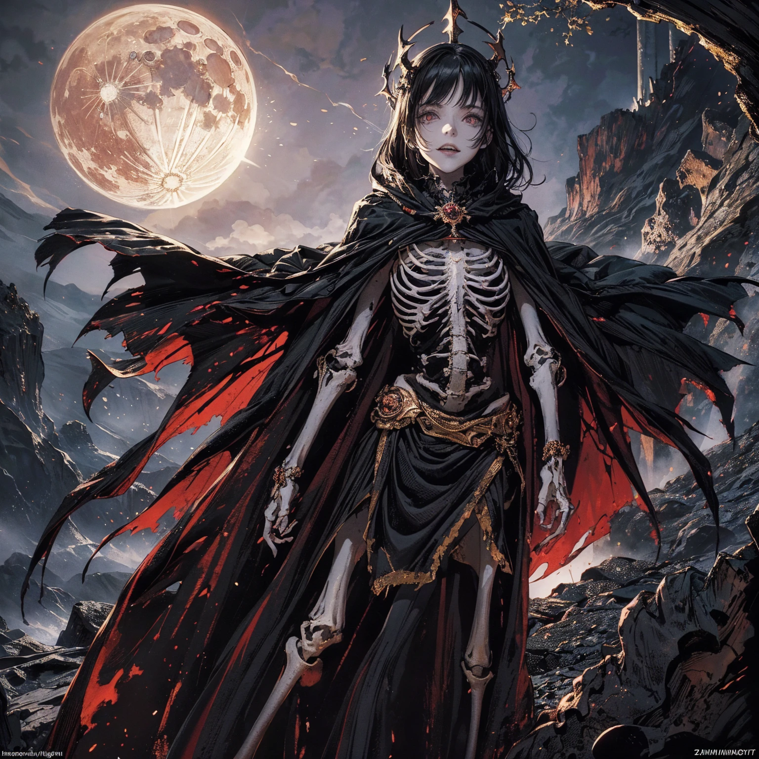 full-body shot, wide-angle lens, upward shot, best quality, 4K, high resolution, masterpiece, Very detailed, Mood lighting, A black hair undead girl in a long cape, Whole body including hands & arms & legs & feet are all skeleton bones but except the head is still beautiful human face, Wearing a ragged gothic skirt, casting dark magic spells in the hand, skulls flying in the sky, Aloofness emotion, Dangerous sneer, Beautiful but cruel smile, Standing, Facing the camera, Crucified, Pitch black sky, Blood-red moon, strange atmosphere, Gothic style, Unforgettable beauty, Dramatic shadows, Ethereal Light, Mysterious atmosphere