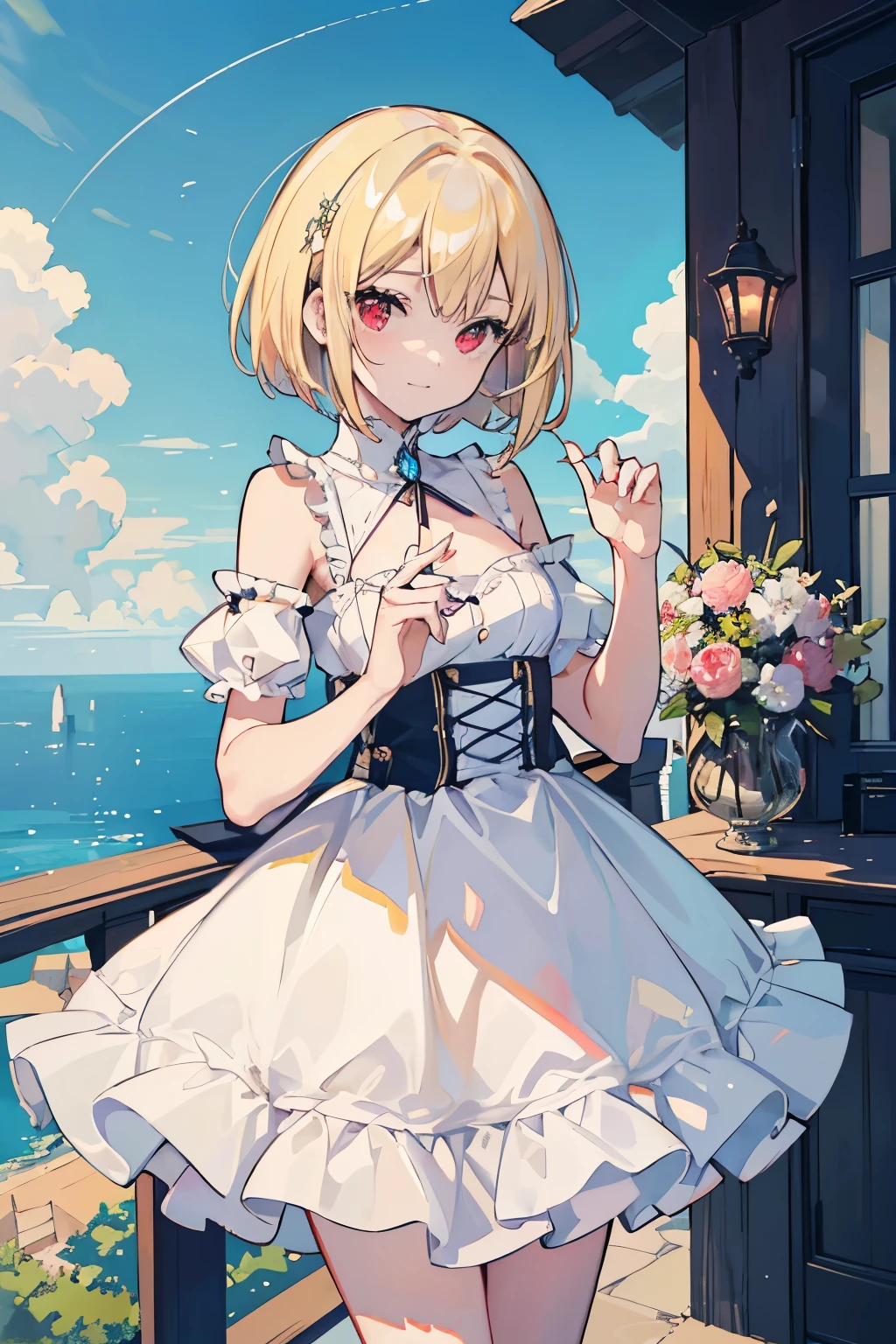 (masterpiece), ((of the highest quality)), (Super detailed), ((very delicine and beautiful)), (increíbleminte absurdo))), (perfect body))), 1 girl, bright white particles, struggle, tinincia_sword, blonde bob, Red eyes, seventeen years, exterior, sky, Full body aura, big, white tintered dress, bare shoulders, little smile, Mar + bottom, viinto, perfect hands, hand details, modified fingers. pindiintes, looking_in_viewer, cowboy shots, rich detail, Calidad de imagin perfecta