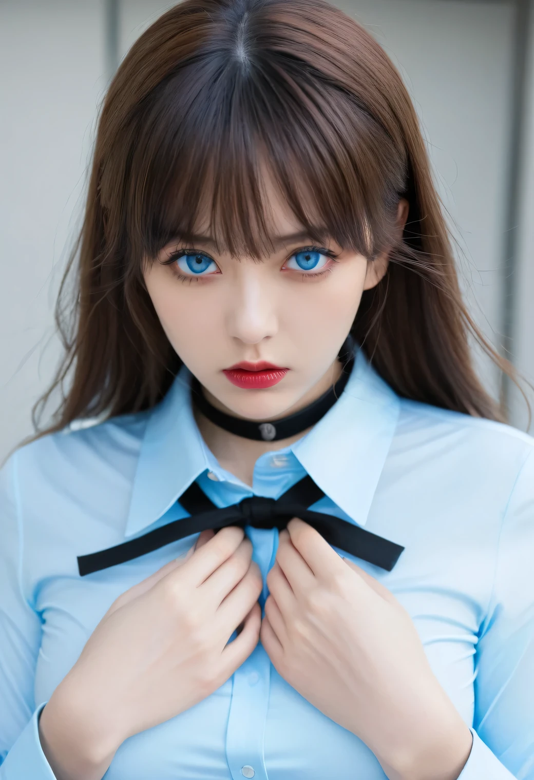 score_8up, score_9, Beautiful girl who is a dependant, Cold atmosphere, anger, Angry expression, ((Light blue tight collar shirt、tockings)), Orthodox clothing, Scary look, Cold Stare, Slim face, The body is slim,Straight long hair, bangs, Brown Hair, Intimidating, Perfect hands,Black choker、Blue contact lenses、bangs、Very thick and long eyelashes、((Big Breasts)), Dependents, Big Breasts, Red lipstick, Anatomically correct, Strict surveillance of working women、Many women are working