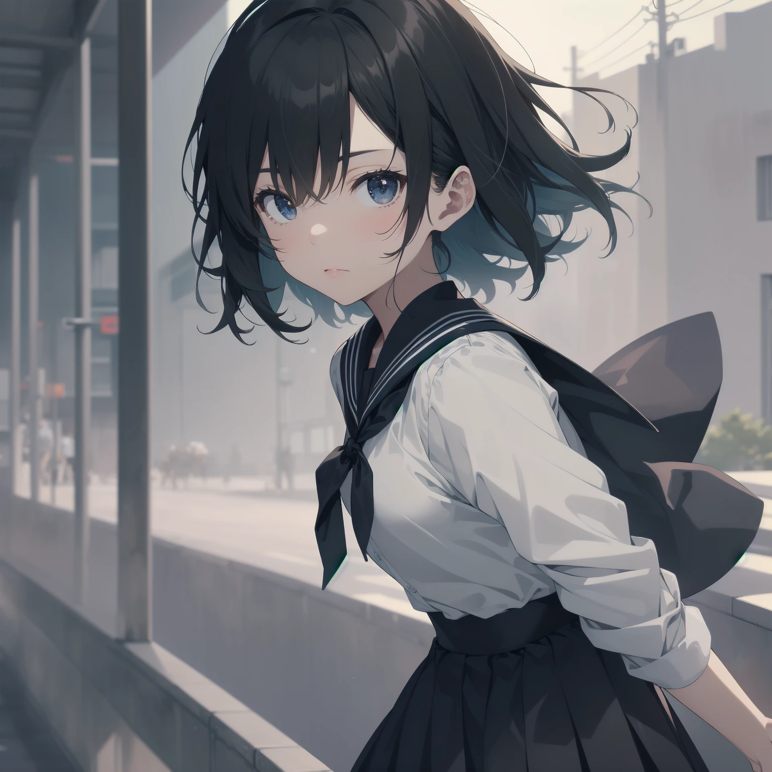 ultra-absurdres-Top quality by artist God, ultra-detailed, high resolution, anime moe artstyle, best anime 8k konachan wallpaper, pixiv contest winner, pool:2810, perfect anatomy,break, 1girl, (Please draw a girl walking sleepily to school alone. )break,(Solo,little female, 13-year-old:1.3),Full limbs, complete fingers,a junior high school student, (very short hair), short cut, flat chest, , small butt, small black eyes, beautiful detailed eyes, well-proportioned iris and pupils, expressive eyes, highres detailed hair, soft expression, salor school_uniform, sailor collar, serahuku, bow, pleated skirt,(Detailed Lighting), (Detailed background), in the School commute route. break,super detailed skin, Best cinematic lighting powered by famous artist, 8k,beauty illustration,photoshop_(medium),very aesthetic,break,((artist:zen_(kamuro) )), artist:clamp ,artist:carnelian ,artist:kantoku ,