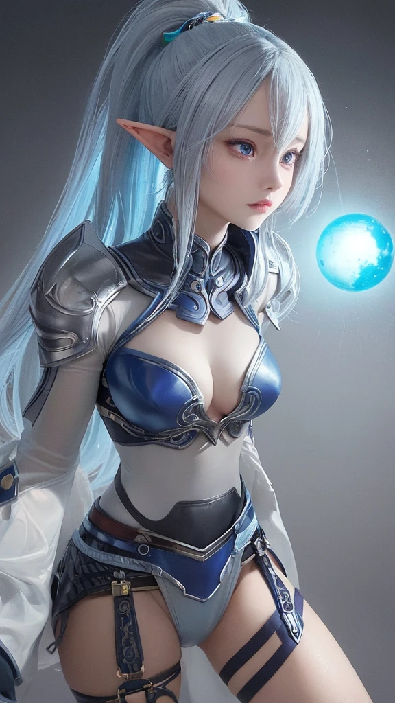 a blue-skinned elf girl with blue-grey hair tied up in a high ponytail, extremely detailed eyes,beautiful detailed purple eyes, beautiful detailed lips, wearing leather armor, action pose, fantasy, fantasy character, high quality, 8k, ultra-detailed, photorealistic, photo-realisti c, physically-based rendering,vivid colors, dramatic lighting. Small bust