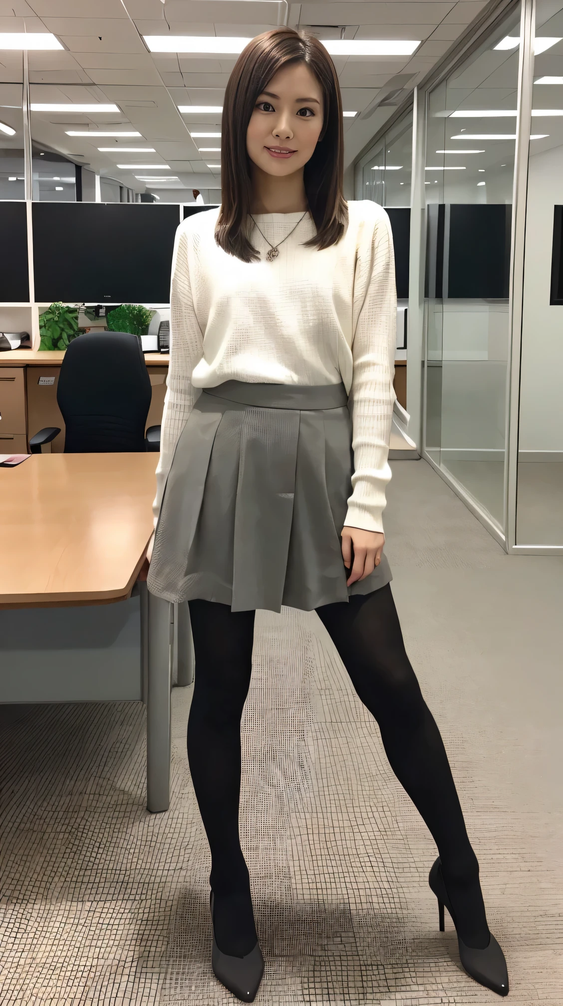 (Highest quality, masterpiece, Realistic, whole body photos、 Ultra-high resolution, ),  office lady suit、Knee-length skirt、tights、pumps、necklace, (office, indoor, Glass Room), (Long legs,  whole body:1.2), 