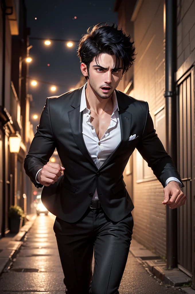 Realistic 8k image of a 25 year old man, short black hair, wearing a black blazer with a white blouse underneath, expression of fear, running in a narrow night alley, night scene