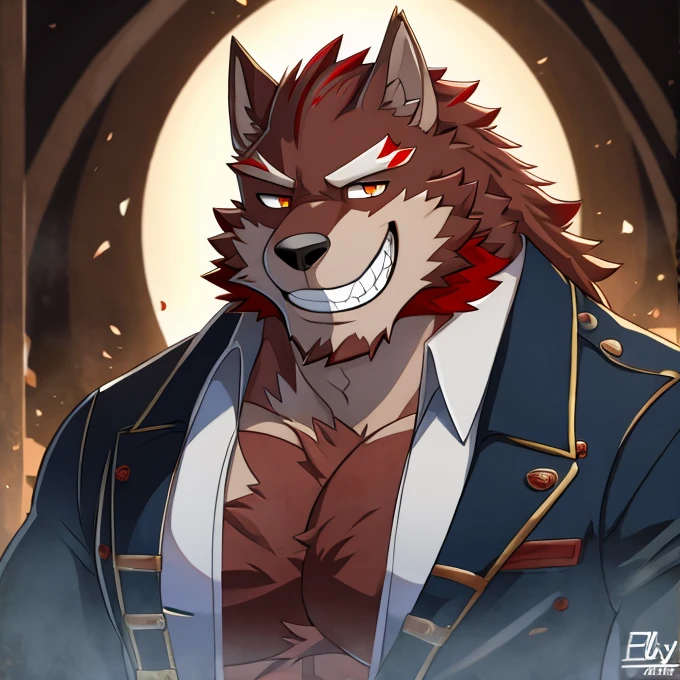 A werewolf，Burly，Detailed character details，grin