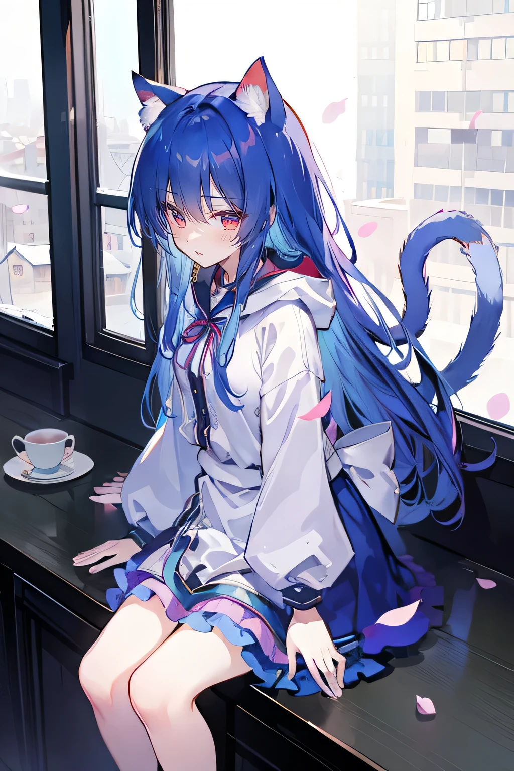 （masterpiece：1.2），Super detailed，lifelike，Expressive eyes，fair skin，perfect face shape，1 girl，
Japanese comics,Gorgeous blue hair,flowing blue hair,flowing clothes,Cat ears,Petals fall,beautiful lola,Baby Angel,
Shaking head with one hand，Cross your legs，smile, wearing hoodie, ,back views,snowing, winter，City Street Scene，winter。sitting on window， looking out the window。