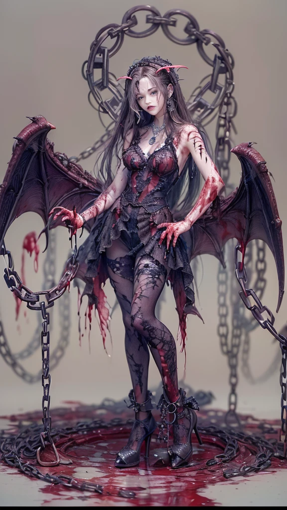 (32K:1.5, Dark fantasy:1.4, Highest quality, masterpiece, Ultra-high resolution), Perfect dynamic composition:1.3, Horror Portrait, chaos, Dark Background:1.3, Prisoner, slave, Dark Demon World, god々Shii, (Detailed tattoos on the whole body:1.4, wearing exquisite jewelry:1.4), Very detailedな肌と顔の質感:1.3, Very accurate, Very detailed, (Sexy succubus demon with big wings:1.3, Incredibly slim body:1.3, Beautiful and aesthetic:1.3), Horn, Fair skin, Sensual posture, ((Properly dressing badly torn clothing:1.3)), Mid-chest, (Big eyes that exude eroticism:0.4, Feel the stimulating caress:1.0, Please open your mouth a little, lipstick, Feel the eroticism:0.9, Too sexy:0.9, charm的な:0.9), ((Bloody:1.5, Covered in scars:1.5, Necrosis:1.6, Lots of chains:1.6, Countless chains tangled in clothes:1.6, Chain your right arm:1.5, Chain the left arm:1.5, The right leg is bound with a shackle and chain:1.5, The left leg is bound with a shackle and chain:1.5)), Super long blonde curly hair, Earrings, necklace, bracelet, romantic, god秘的, elegant, Object of admiration, original, dramatic, artistic, Innovative, charm, Heartful, Fancy, sense of openness, sense of cleanliness, special, exciting, grotesque, Extreme, Tilt, sense of loss, sorrow, sorrowの表現, ((悪魔のcharm, 女性的なcharm))