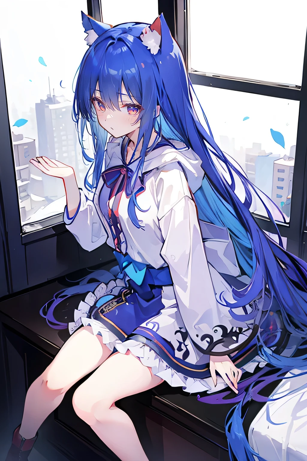(masterpiece:1.2),Super detailed,lifelike,Expressive eyes,fair skin,perfect face shape,1 girl,
Japanese comics,Gorgeous blue hair,flowing blue hair,flowing clothes,Cat ears,Petals fall,beautiful lola,Baby Angel,
Shaking head with one hand,Cross your legs,smile, wearing hoodie, ,back views,snowing, winter,City Street Scene,winter。sitting on window, looking out the window。