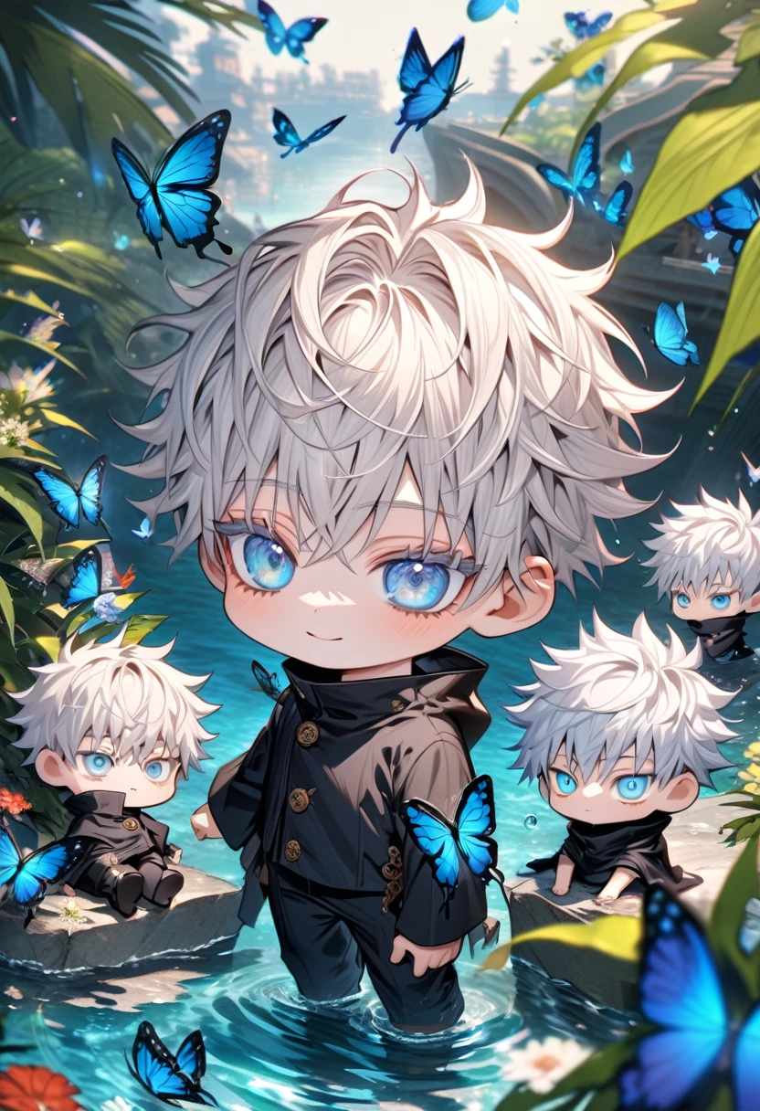 Ultra detailed, HDR, Highres, absurdres, master piece, Gojou Satoru as chibi, white hair with bangs, white eyelashes, expressive blue eyes, black clothes, black pants, Jujutsu Kaisen, flowers, butterflies, fantasy, magical, green leaves, summer, boy, cute, water, chibi, smiling,