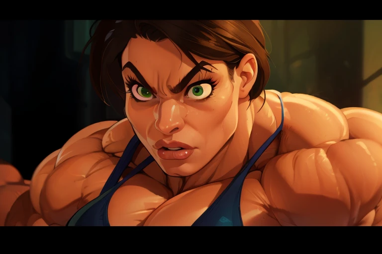 (masterpiece:1.2), (best quality), (ultra detailed), (8k, 4k, intricate),(full-body-shot:1), (highly detailed:1.2),(detailed face:1.2), (detailed background), muscle woman with brunette hair wearing green bikini flexing massive muscles, most muscular pose, woman with huge muscles, mature woman, stern expression, green eyes, angry expression