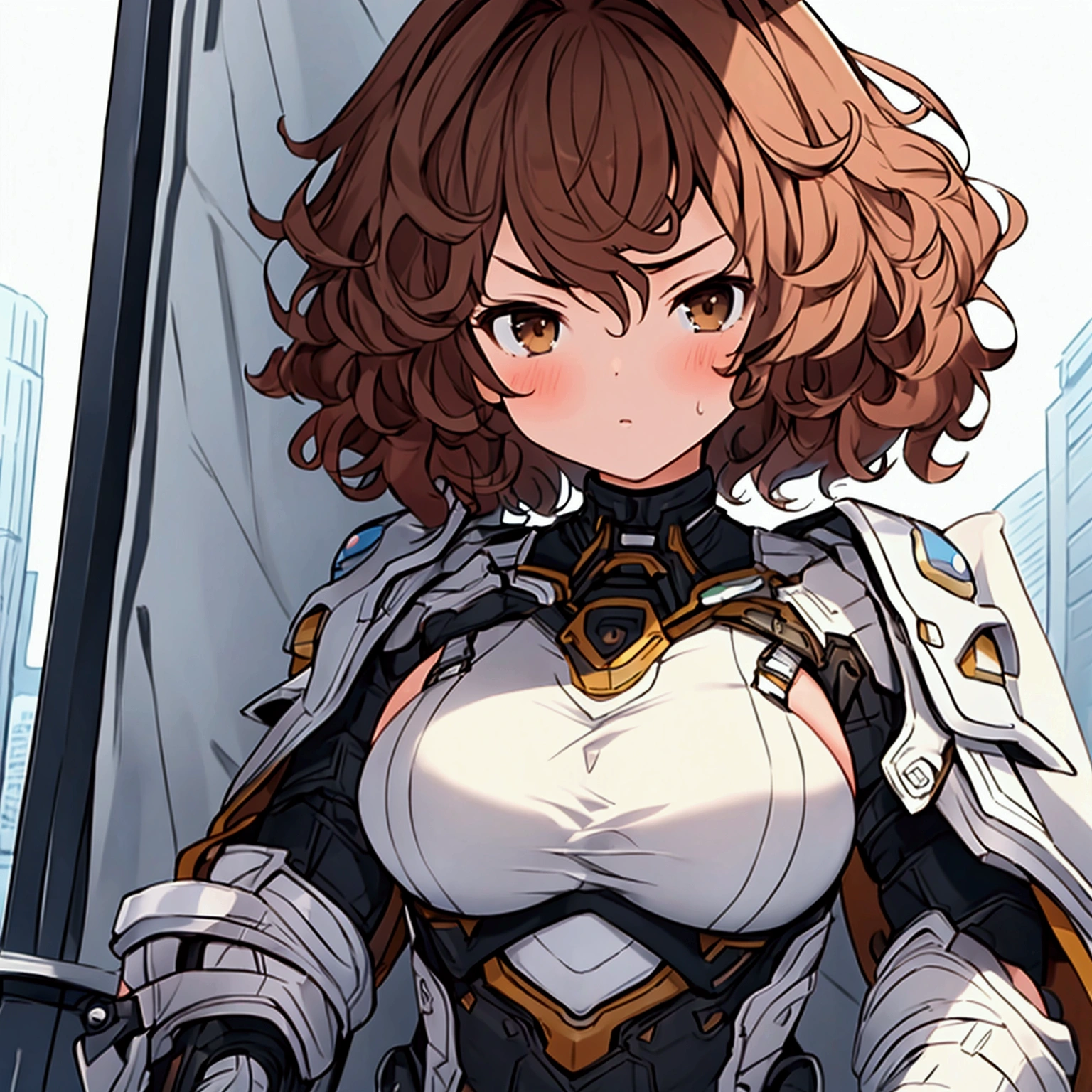 Very detailed, high resolution, (best quality_1.0), 1girl, teenage girl, short hair, curly hair, brown eyes, serious look, medium breasts.