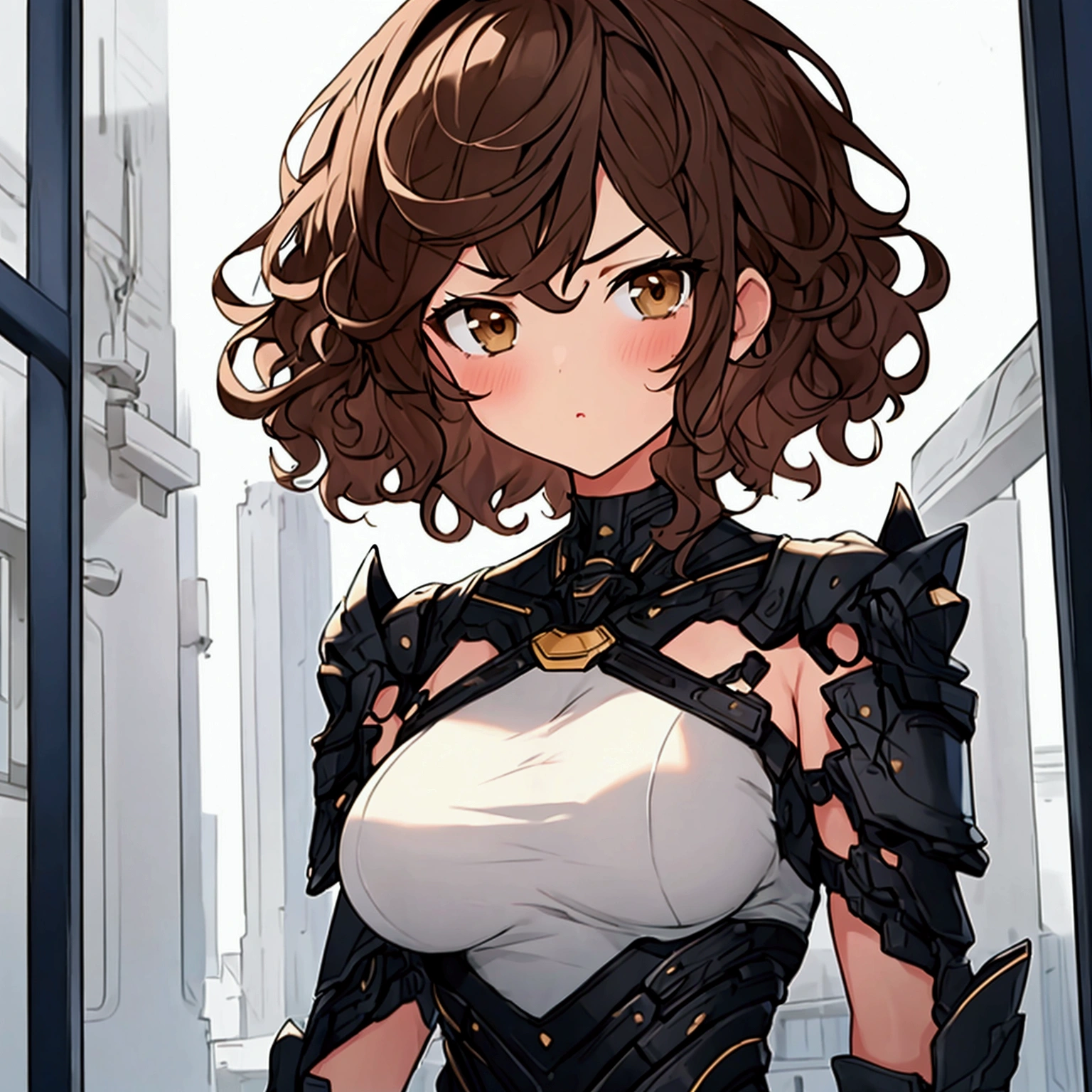 Very detailed, high resolution, (best quality_1.0), 1girl, teenage girl, short hair, curly hair, brown eyes, serious look, medium breasts.