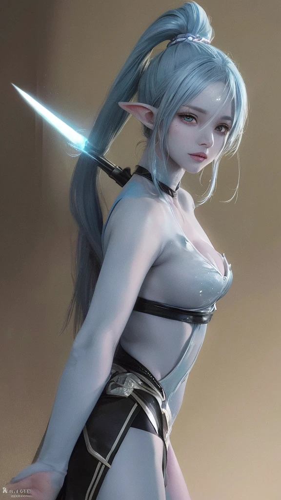 Elf Race Fighter, Adventurer, Anime Style Woman, Plump, Huge Breasts, Abs, Muscles, Fighting with an Ax, Holding an Axe in the Front, Full Body, Dynamic, Silver Long Hair, Green Eyes, Oblique Eyes, Hair Between the Eyes, Messy Hair, Gentle and Attractive, Bare Shoulders, Delicate and Sexy Clavicle, Full Body Photo, Attractive Oval Face, Double Eyelids, Pink Lips, Small Nose, Ultra High Definition, Super Detail, Elegant posture, exploring dimly lit dungeons, ultra-fine ultra-micro mini bikini armor, wearing wet see-through white panties, emphasis on glittery skin, sweat, thighs and axes