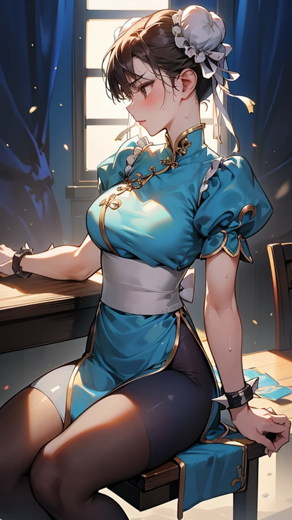 {{masterpiece}}, {{{Highest quality}}},{{Very detailed}},sf2 to,Chunli,Sitting in a chair in an office with a serious expression,profile,from side,Cowboy Shot,Focus on legs｛{{Sitting in a chair in an office with a serious expression成熟した女性}}｝,{{疲労でSweatをかいている成人女性}},Sweat,Hold the arm with one hand　,sit,{{Blushing}},{{V-shaped eyebrows}},{{Blue clothes}},{{suspenders}},{{{}},{椅子にsit}},{},, ,{{}},{{Tied Hair}},,{{}},{{}},,Slender body}}{{ blue pelvis curtain}}, spike bracelet, sash, Brown pantyhose, ,,blush,Wrinkles ,amount,Grit your teeth,suffering,v-shaped eyebrows.,Sweat dripping,Medium chest ,get annoyed,,Inside the office,