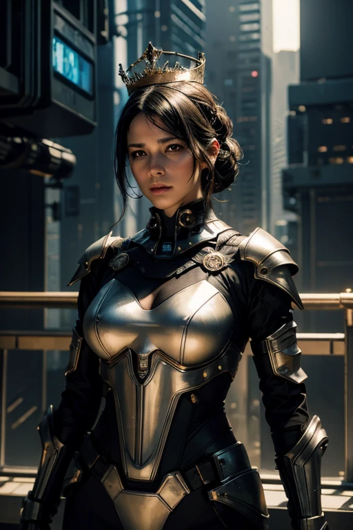 Beautiful cyberpunk woman with crown, With Master Chef style armor, sci-fi technology, HdR (High Dymanic Range), ray tracing, very sexy, Whole body, very detailed, (((silhouette ))), gold foil, ((masterpiece)),high resolution, ((Best quality at best)),masterpiece,quality,Best quality, Exquisite facial features, Looking at the audience, There is light in the eyes, blush, Light and shadow, Looking at the camera
