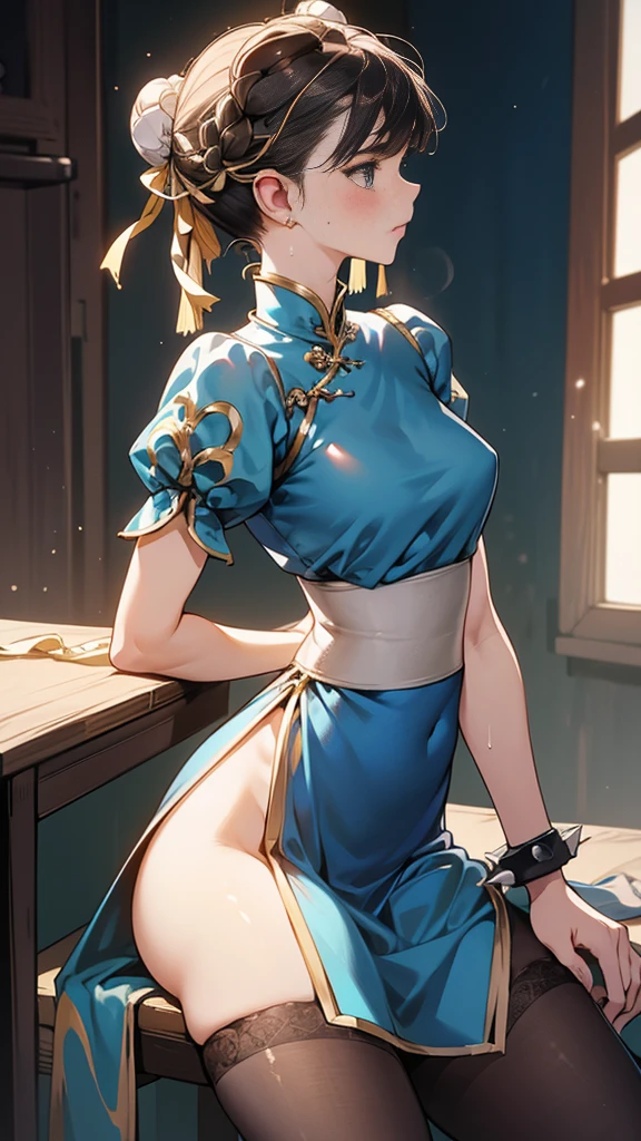 {{masterpiece}}, {{{Highest quality}}},{{Very detailed}},sf2 to,Chunli,Sitting in a chair in an office with a serious expression,profile,from side,Cowboy Shot,Focus on legs{{{Sitting in a chair in an office with a serious expression成熟した女性}}},{{疲労でSweatをかいている成人女性}},Sweat,Hold the arm with one hand ,sit,{{Blushing}},{{V-shaped eyebrows}},{{Blue clothes}}{{Blue clothes}},{{puffy short sleeve}},{{{Blue Chinese dress with gold lines}},{Bunhead}},{{ Brown pantyhose}},{椅子にsit}},{},, ,{{spike bracelet}},{{Tied Hair}},,{{Thin legs}},{{White belt}},,Slender body}}{{ blue pelvis curtain}}, White boots, sash,, ,,blush,Wrinkles ,amount,Grit your teeth,suffering,v-shaped eyebrows.,Sweat dripping,Medium chest ,get annoyed,,Inside the office,Bun Head
