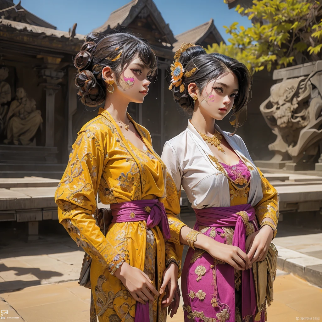 A Gorgeous black haired female Indonesian West Javanese Rice Farmer wears light green kebaya dress with a happy face and light , , bamboo hut and bamboo woods, an epic masterpiece hyper realistic digital art, long hair,ponytail hair,Master piece, (best quality), perfect eyes, bound, bondage, (arms behind back:1.4), bdsm, tape gag, tape, tape bondage, close-up, restrained, standing ,best anatomy,,