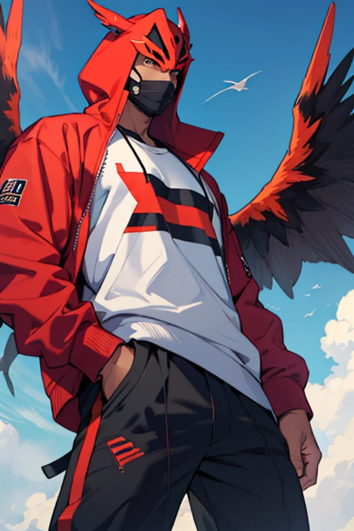 A man in a red mask with a mouth in the sky sweatshirt pants and big black wings
