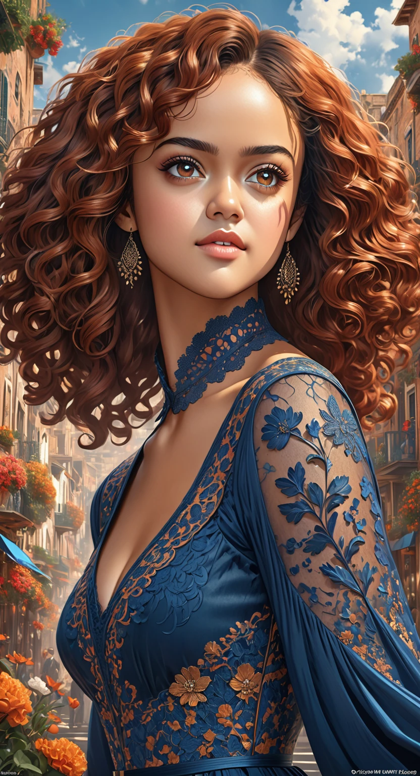Beautiful boho women stunning merge of Nathalie Emmanuel. with Navy-blue-dress. blue lace. copper colored hair that is coarse, wiry, and tightly curled. It often has a rough texture, feels stiff to the touch, and may be prone to frizz and tangling. The curls can be densely packed. The Official Art – An Award-Winning Digital Masterpiece In 4K Ultra HD, Extreme Detail And Intricate Realism. symmetrical face. This Concept Art Brought To Life By The Hands Of Artists Like Wlop & Artgerm In A Stunning 2D Vector Illustration. large, perky, full, vuluptious, symmetrical and spherical breasts. Background is a panoramic vista.