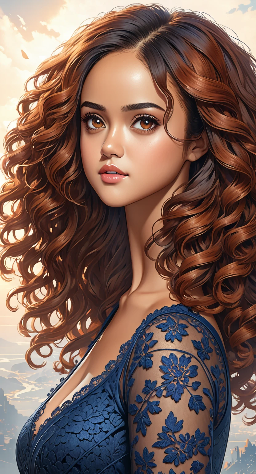 Beautiful boho women stunning merge of Nathalie Emmanuel. with Navy-blue-dress. blue lace. copper colored hair that is coarse, wiry, and tightly curled. It often has a rough texture, feels stiff to the touch, and may be prone to frizz and tangling. The curls can be densely packed. The Official Art – An Award-Winning Digital Masterpiece In 4K Ultra HD, Extreme Detail And Intricate Realism. symmetrical face. This Concept Art Brought To Life By The Hands Of Artists Like Wlop & Artgerm In A Stunning 2D Vector Illustration. large, perky, full, vuluptious, symmetrical  and spherical breasts. Background is a panoramic vista.
