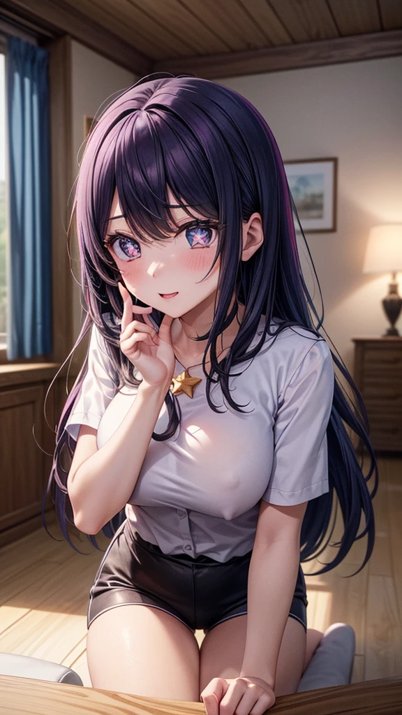 (8k, Ultra-high resolution, The best masterpiece, best quality:1.2), Very detailed, portrait, Half Body, side, focus on eyes, HD RAW photos, career arrest, High quality and beautiful, 超高清 8k 影像照片, confess, Professional photography, (actual, actual相片: 1.37), Very detailed的美麗女孩, Super delicate face shape, Contoured eyes, (Very detailed eyes), Delicate skin, (HD Skin:1.2), Neatly contoured fingers, (20:1.2), Twenty generations, cute girl, young beautiful mother, solo, Ai Hoshino, Hoshino Ai, (Wearing home clothes), Vibrant look, (Living room at home), Dynamic dark purple long hair, shiny purple eyes, (Star-shaped pupil:1.5), one hand raised, Sensual, Exuding motherly love, perfect anatomy, Detailed background, HD Background, Volumetric lighting, actual, stunning details, 8k Ultra HD, high quality, CG unity, C4D Rendering, 3D Rendering, Octane Rendering,