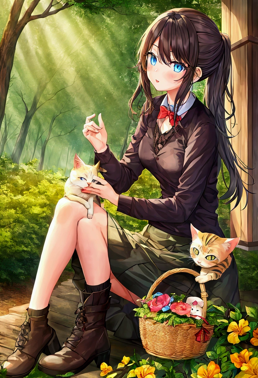 a girl in forest and put a kitten in basket 