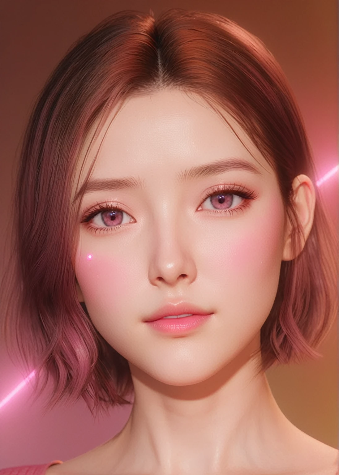 Close-up of a woman with a pink light behind her., Kawaii realistic image, Soft portrait 8 k, 8K vertical rendering, Realistic 3D anime style, [ 4K photo realism ]!!, German Bokeh Art 8k, [ 4K photo realism ]!!!, 8k highly detailed face, hyperrealistic beautiful face, photohyperrealistic beautiful face 