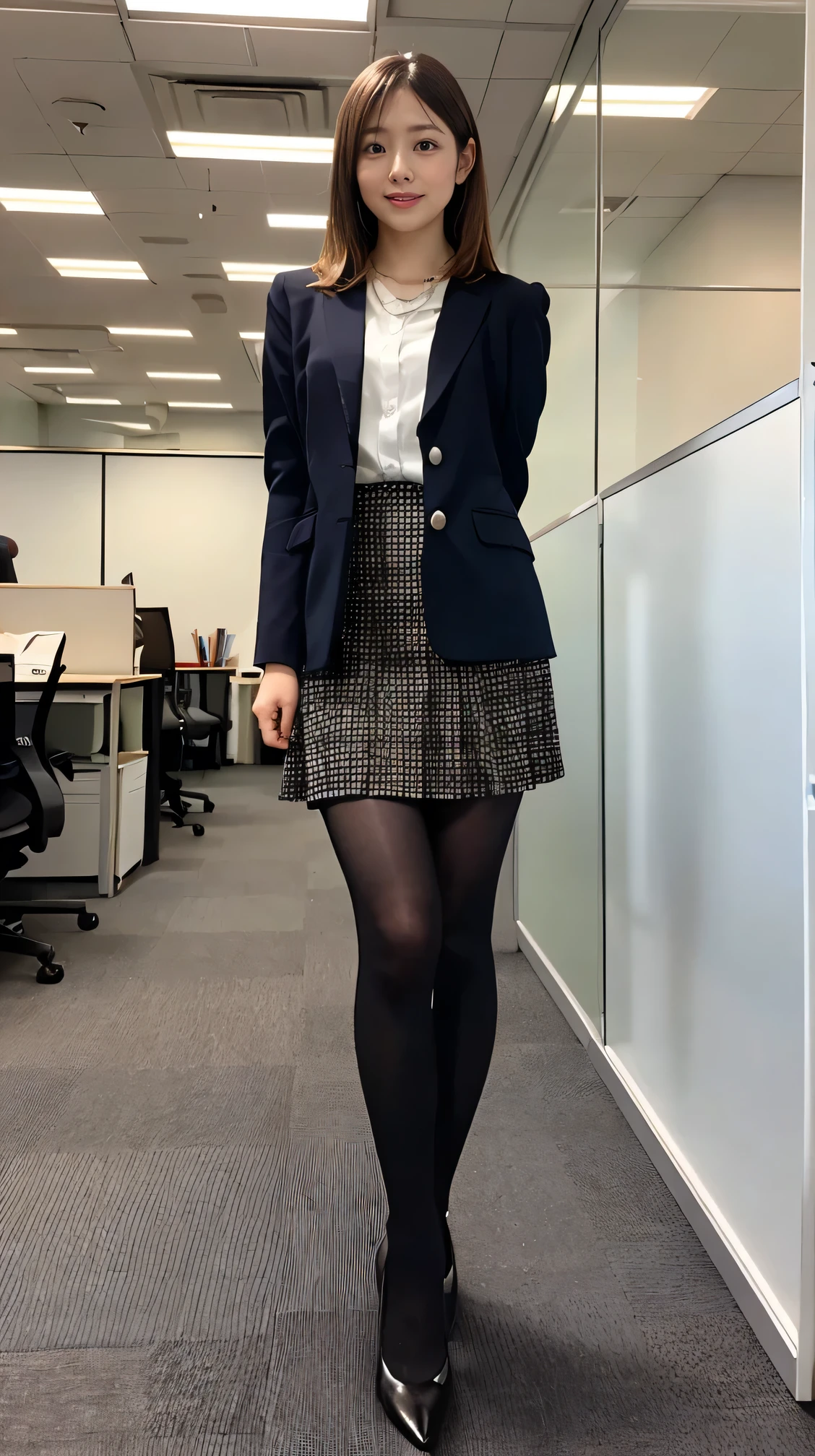 (Highest quality, masterpiece, Realistic, whole body photos、 Ultra-high resolution, ), office lady suit、Knee-length skirt、tights、pumps、necklace, (office, indoor, Glass Room), (Long legs, whole body:1.2),