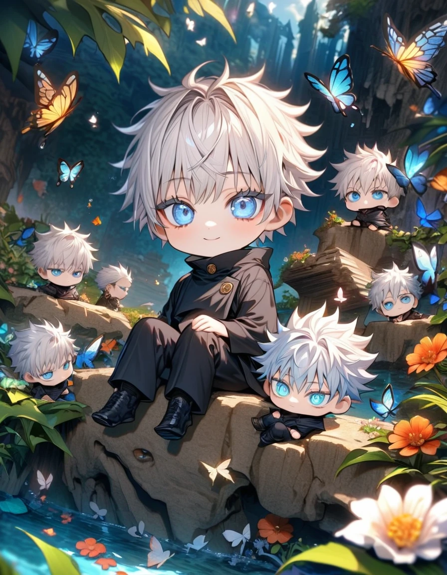 Ultra detailed, HDR, Highres, absurdres, master piece, Gojou Satoru as chibi, white hair with bangs, white eyelashes, expressive blue eyes, black clothes, black pants, Jujutsu Kaisen, flowers, butterflies, fantasy, magical, green leaves, summer, boy, cute, water, chibi, smiling, sitting