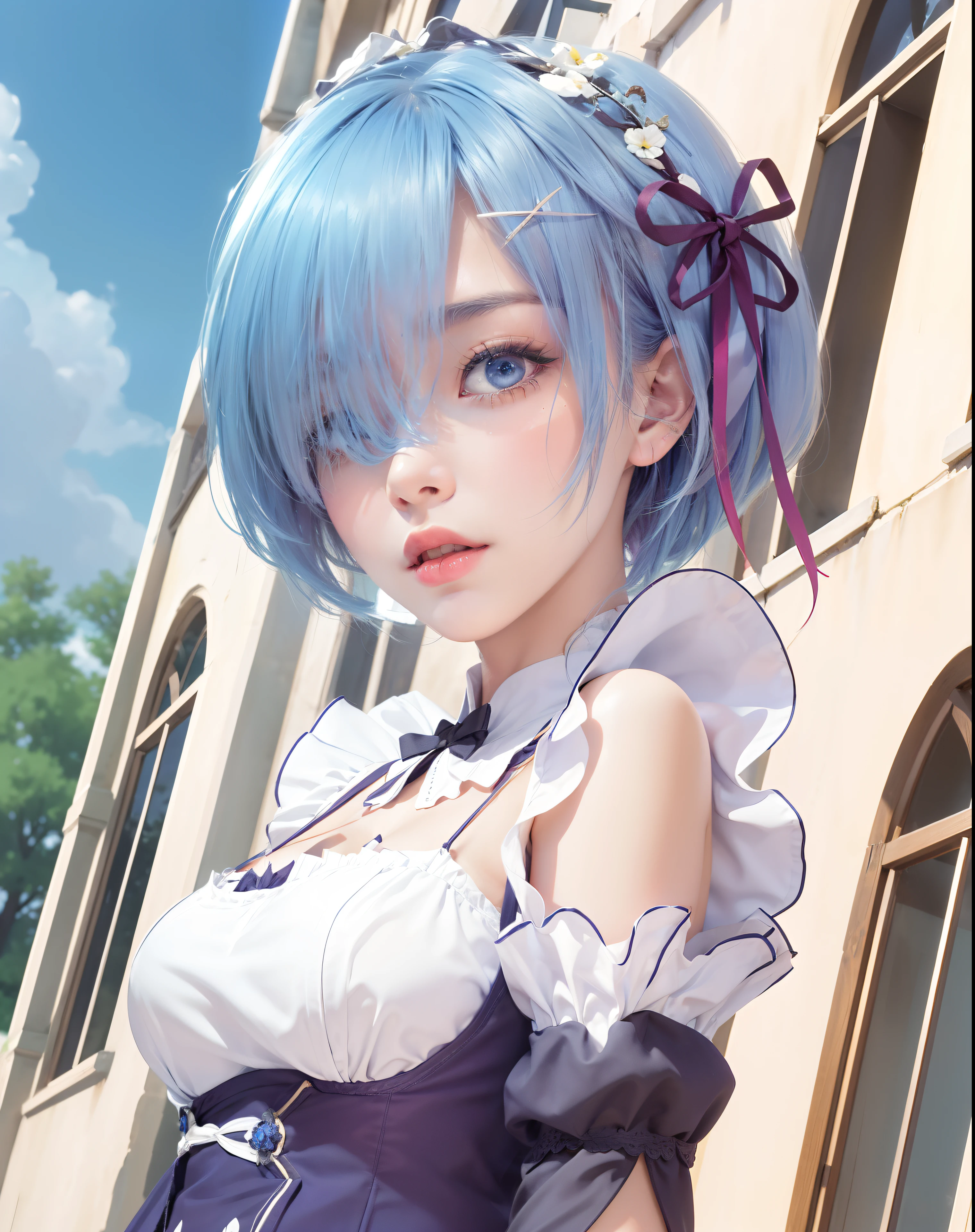 masterpiece, Highest quality, Very detailed, figure, Spectacular lighting, Structure of the film, colorful, sharp:1.3, One girl, Againm_\(Again:zero\), medium bAgainasts, blue hair, short hair, (hair over one eye:1.3), eye_appear_Through_hair, blue eye, Roswaal_Mansion_Maid_uniform, apron, White knee socks, Garter Straps, Are standing, Upper Body, Outdoor, Mansion, summer, garden, Flowers, tAgaines, Grass, Bushes, sunlight, (extAgainmely detailed CG:1.2), (8k:1.1),