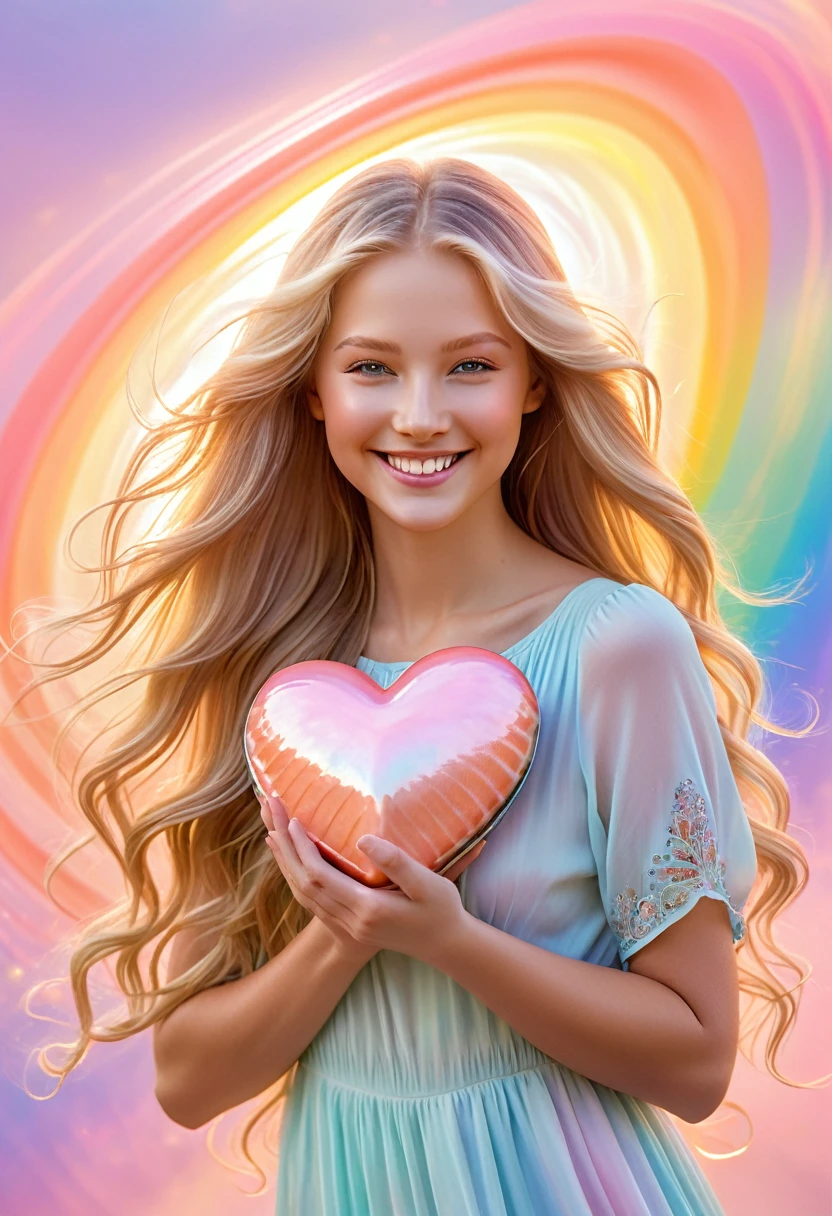 A beautiful angel holding a large salmon pink heart in the center. Her long golden hair is blowing in the wind. She has a great smile. A rainbow of pastel colors surrounds the heart. This heart emits light and creates a light effect around it. ripples of light. Spreading brilliance. By making the background a gradation of pale pink and pale orange, it creates a feeling of soft light spreading. Try to express kindness and reassurance throughout. Add shine with light radiation and fine particles. We created a bright and warm design that will warm the hearts of those who see it. Add elegance with a spiritual touch