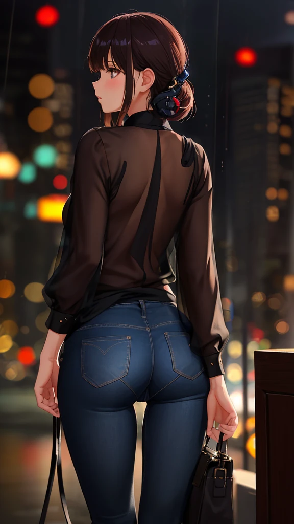 1girl, from behind, pants pull, pussy, ass, bangs, bokeh, looking away, shirt, blouse, shiny skin, masterpiece, best quality, ultra quality, high quality, realistic, photo realistic, RAW photo, hyper detailed, intricate detailed, night, rain,