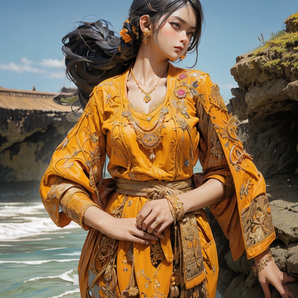 a beautifull woman, wearing batik kebaya, intricately design, outdoor, beach, UHD, 32K, ornate detail, very clean and detailed
