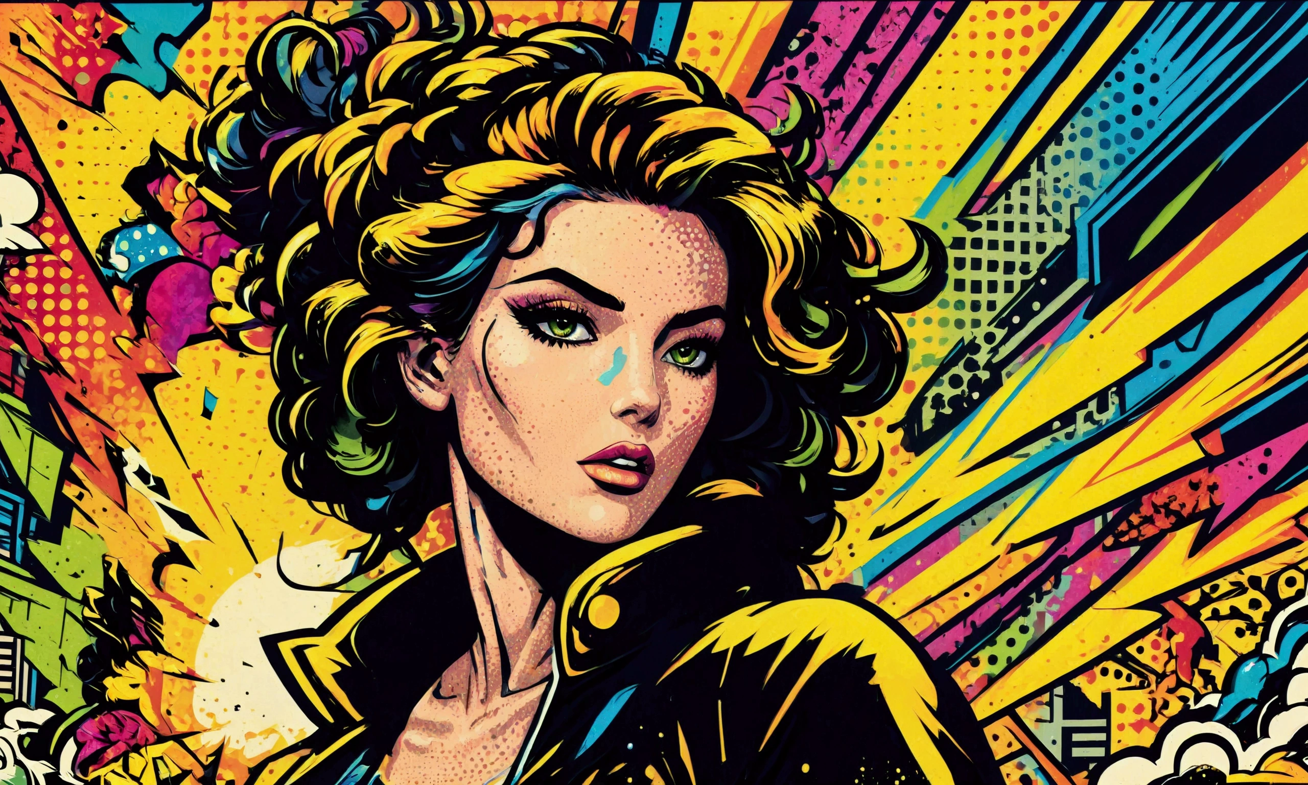 A portrait blending pop art, intricately detailed classic comic book illustrations, and graffiti style featuring a central woman against a composition of bold, black outlines and splashes of vibrant electric hues, creating a dynamic contrast. The atmosphere is energetic and urban, with elements suggesting movement and spontaneity. Incorporate textures reminiscent of spray paint drips and comic book dot patterns to enhance the visual interest.