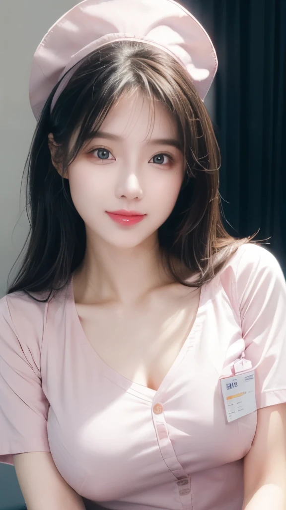 (photo Practical:1.4), (hyper Practical:1.4), (Practical:1.3), (Smoother lighting:1.05), (Improve the quality of lighting:0.9)、Natural light、Professional photos, Practical portrait,(1 female), Medium Length Hair, Beautiful face and eyes, Very cute face, Smile, vitality, vitality, (Real short nurse:1.2), Light pink, White, (Chest Nurse:1.4), (Ward), Whiteい壁紙, Sexy girl portrait, Nurse uniform,breast