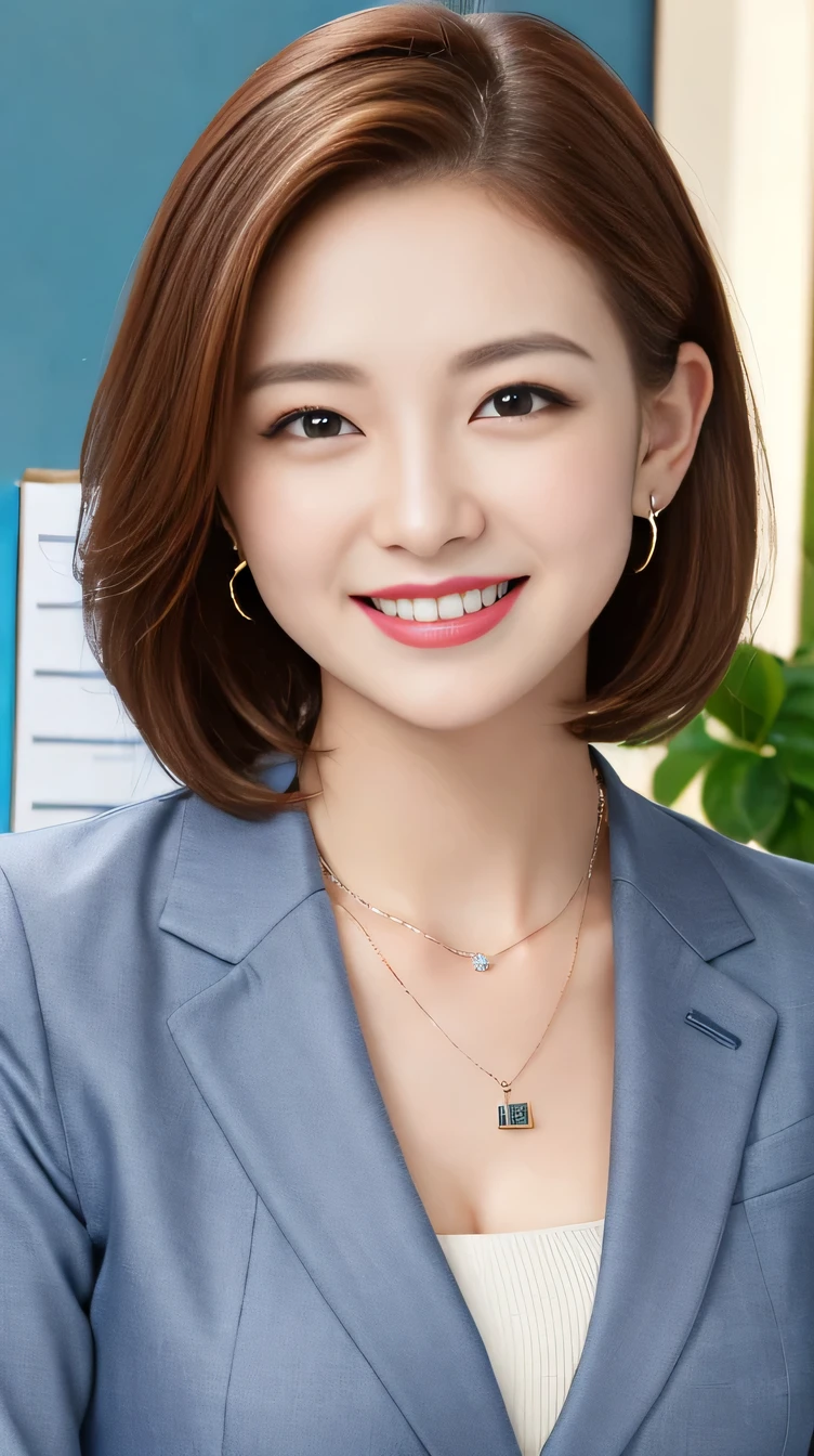 RAW Photos, High resolution, Very detailed, Intricate details, 、ear piercing、smile、Beautiful teeth alignment、short hair、Brown Hair、Clear beauty,(High quality fabric, Office Lady Suits 、Necklace around the neck、, The background is the office