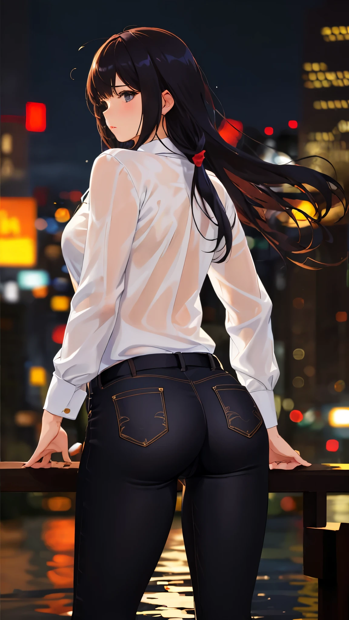 1girl, from behind, pants pull, pussy, ass, bangs, bokeh, looking away, shirt, blouse, shiny skin, masterpiece, best quality, ultra quality, high quality, realistic, photo realistic, RAW photo, hyper detailed, intricate detailed, night, rain,