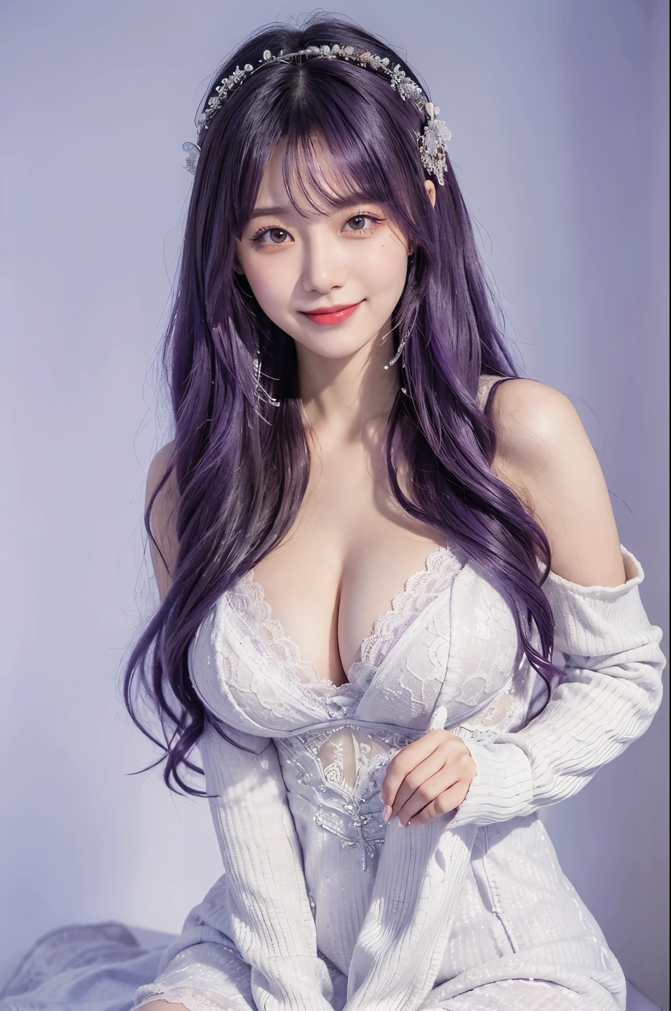 Masterpiece, Best quality, In winter, Snow, Cityscape, Realistic, Real, Huge_filesize, the wallpaper, Gradient_Background, Japanese, Girl, Long hair, Purple hair, Wavy hair, hair stick, heart-shaped hair ornament, Fake smile, Medium breasts, shift dresses, No bra, Lace, nipple tweak_thigh high,