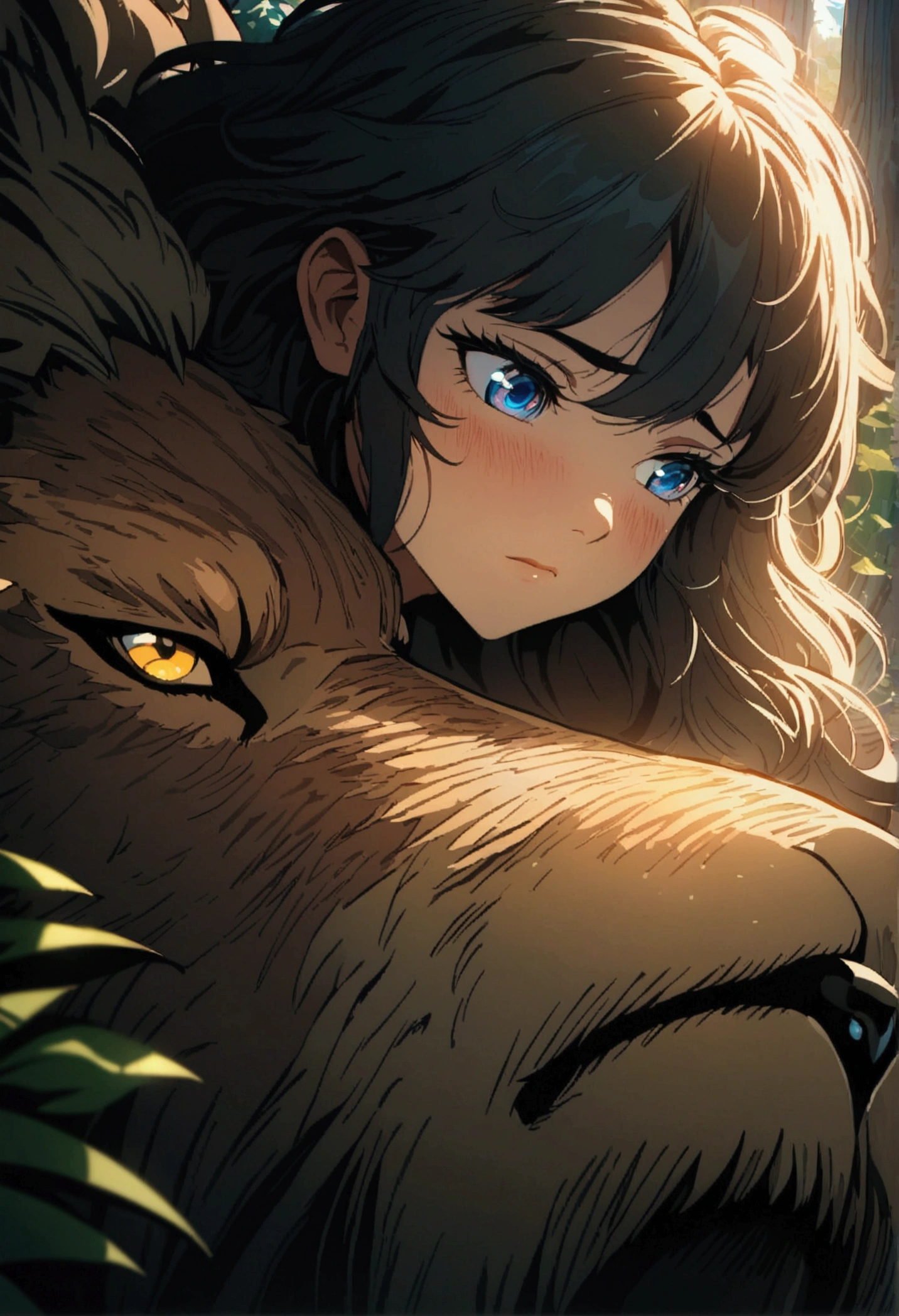 A crouching girl with a sad expression, a large lion comforting her, intricate detailed face, beautiful eyes, long eyelashes, delicate features, detailed skin texture, ornate background, sunlight filtering through leaves, cinematic lighting, vibrant colors, fantasy art style, highly detailed, 8k, style anime, masterpiece, largue space