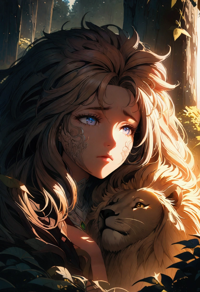 A crouching girl with a sad expression, a large lion comforting her, intricate detailed face, beautiful eyes, long eyelashes, delicate features, detailed skin texture, ornate background, sunlight filtering through leaves, cinematic lighting, vibrant colors, fantasy art style, highly detailed, 8k, style anime, masterpiece, largue space