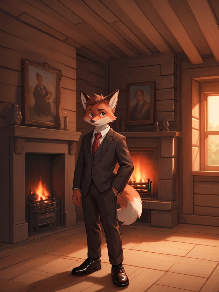 a serious expression young red fox with a fluffy tail, wearing a black suit, white shirt, red tie, elegant black shoes, light brown eyes, looking at the camera, in a wooden room with a fireplace, detailed, aesthetic